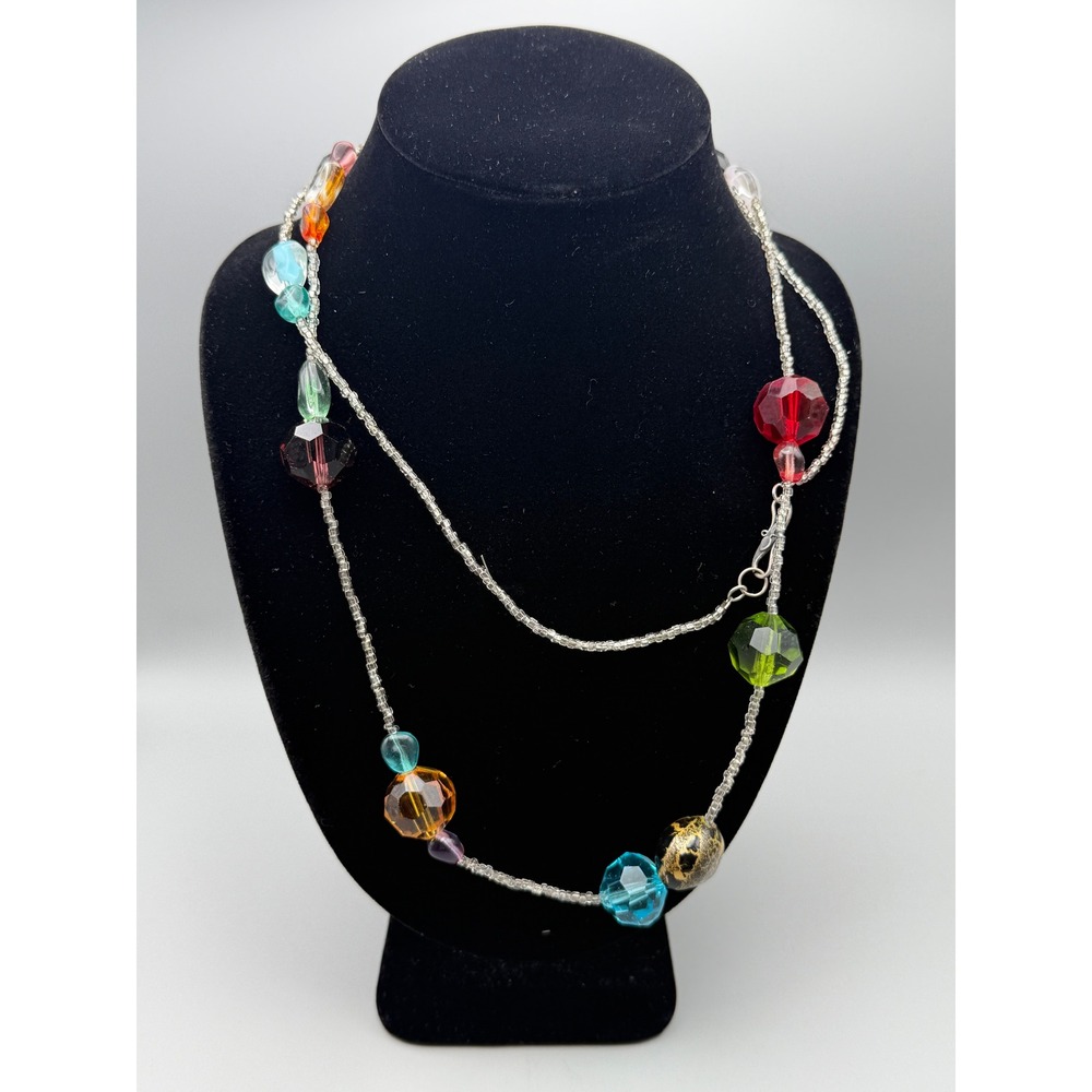 Vintage Art Glass Beaded Necklace Colorful Faceted Crystal & Seed Bead Strand